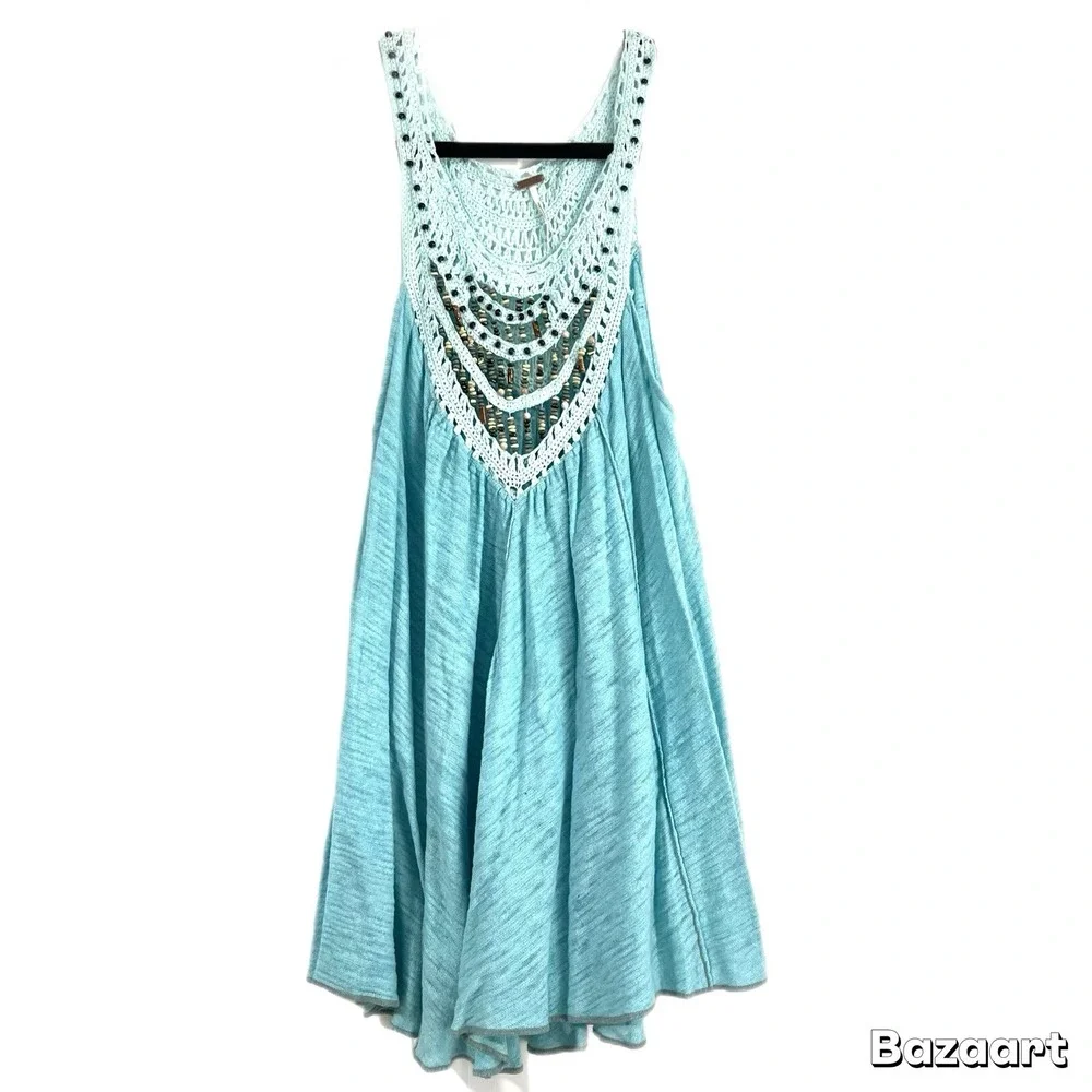 RARE Free People Crochet Beaded Neck Swing Tunic‎ Tank Top Blouse Aqua Blue XS